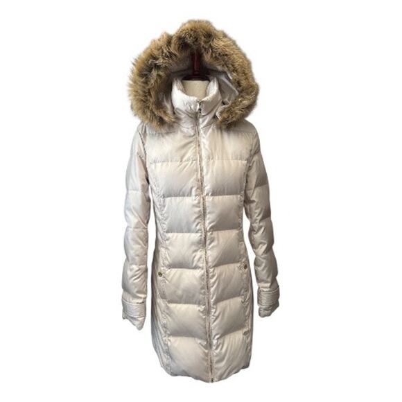 Kenneth Cole Cream Down Puffer Coat Faux Fur Trim Hood M - Picture 1 of 10